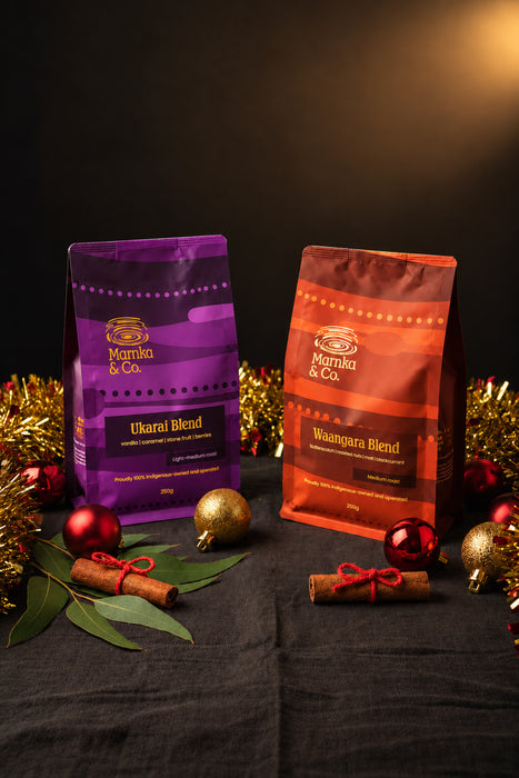 Marnka & Co. Ukarai and Waangara 250g coffee bags with Christmas baubles and cinnamon