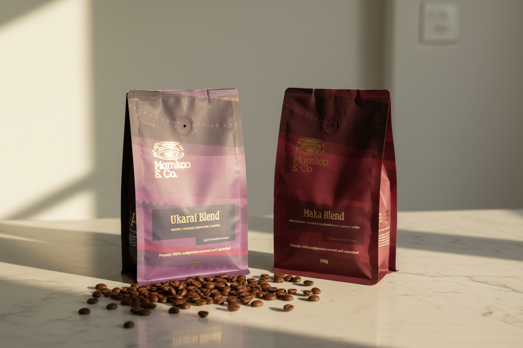 Duo Bundle: Ukarai and Maka 250g coffee bags on a light counter – Marnka & Co.