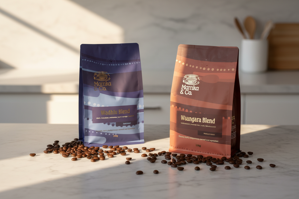 Duo Bundle: Wadhlu and Waangara 250g coffee bags on a light counter – Marnka & Co.