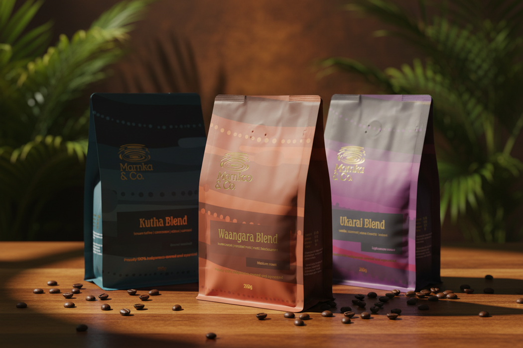 Trio Bundle: Waangara, Kutha and Ukarai 250g coffee bags with native plants – Marnka & Co.